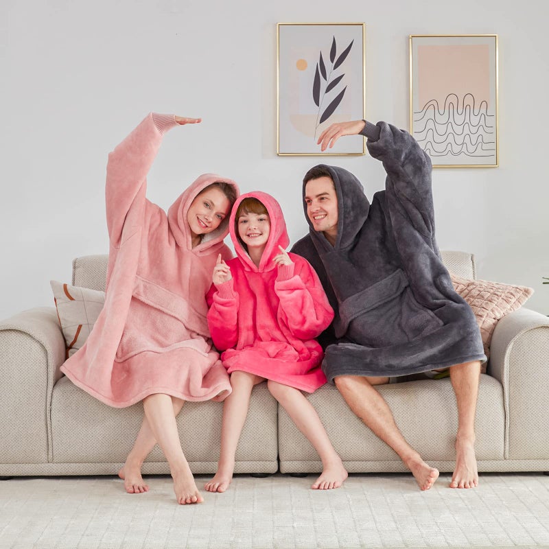 Touchat Wearable Blanket Hoodie, Oversized Sherpa Blanket Sweatshirt with Hood Pocket and Sleeves, Super Soft Warm Plush Hooded Blanket for Kids and Girls, One Size Fits All (Pink) - Image 5